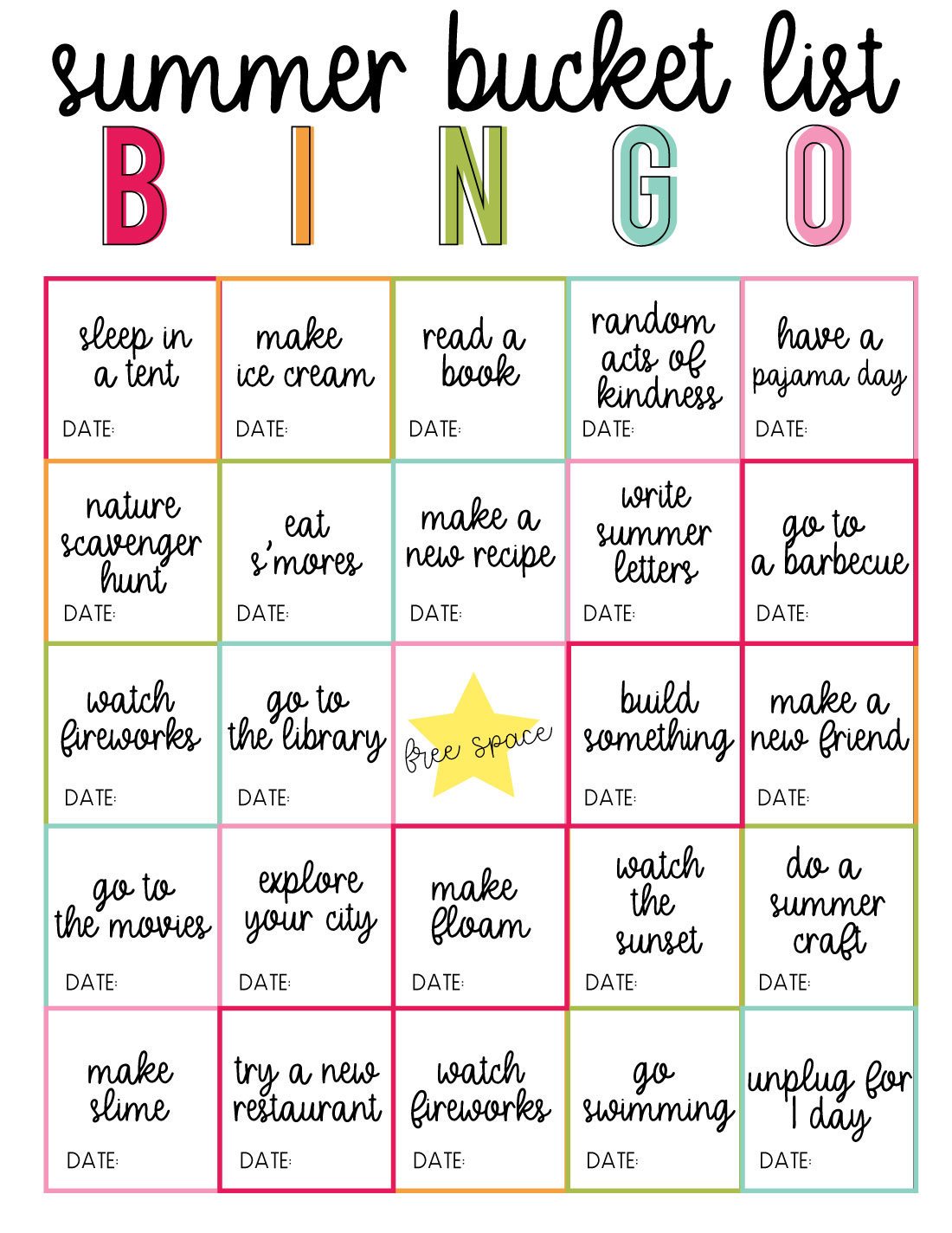 Printable Summer Bucket List BINGO