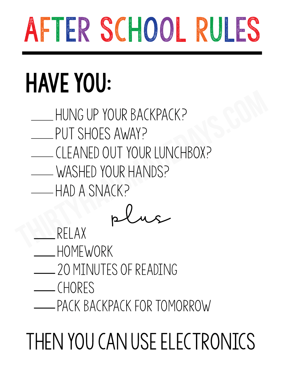 Free Printable After School Rules