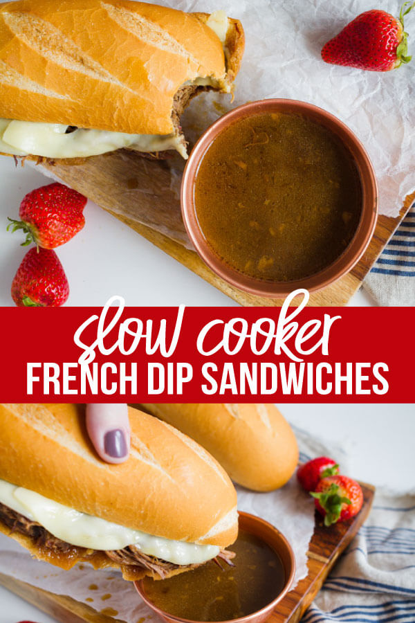 French Dip sandwiches with au jus sauce is the perfect comfort food that can be made in the slow cooker.