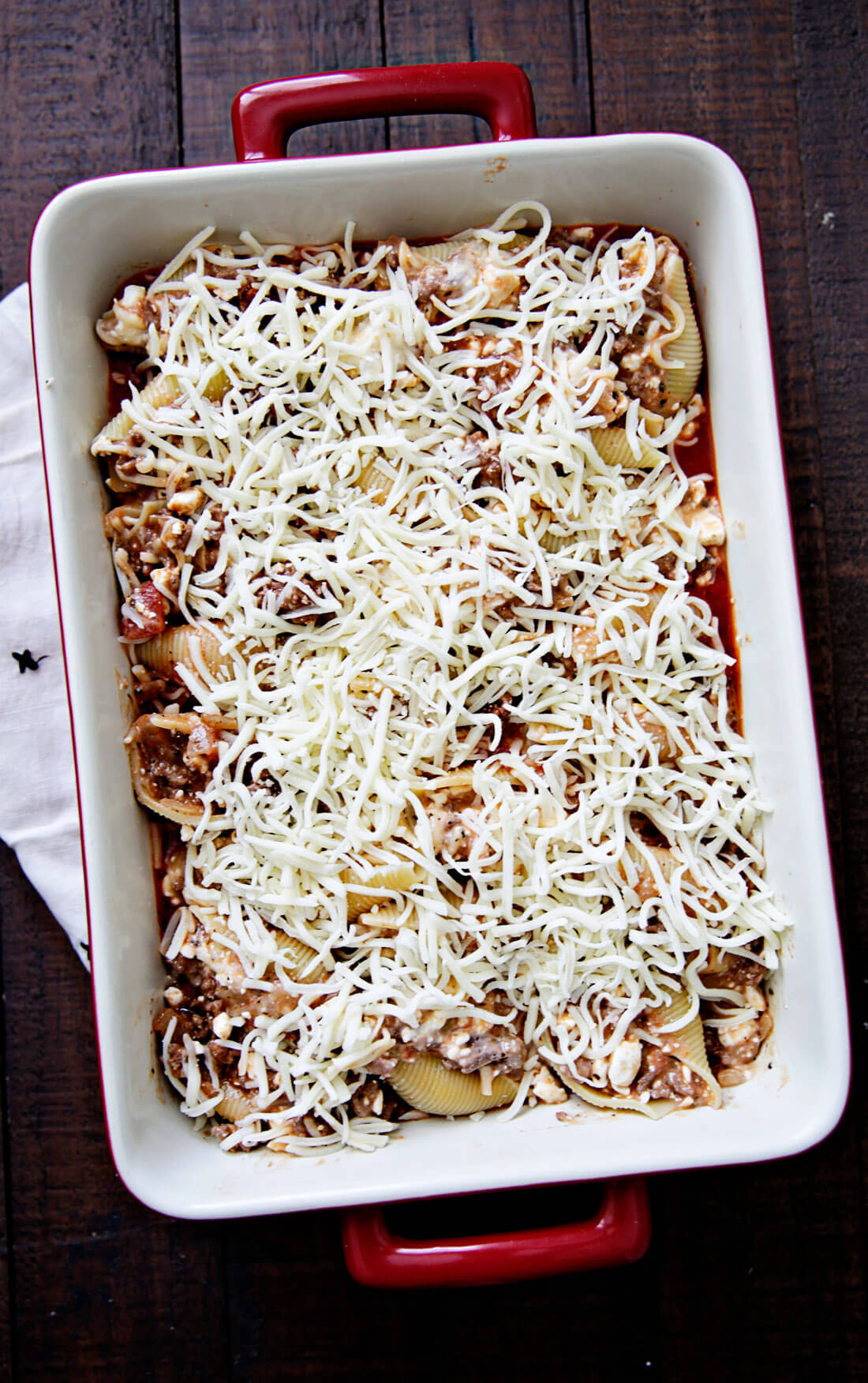 Full pan of stuffed shells before going in the oven.