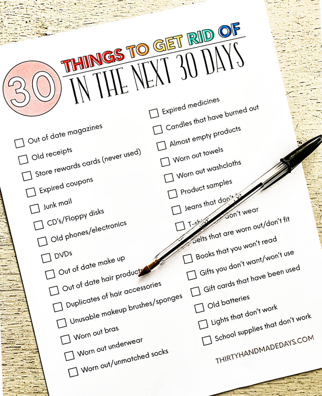 How to declutter your home - printable checklist of things to get rid of in the next 30 days. www.thirtyhandmadedays.com