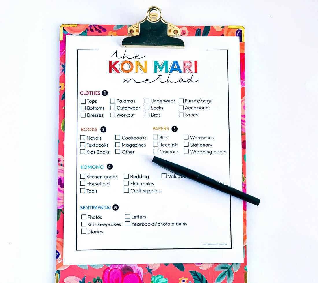 The KonMari Method Checklist - print this out and use to declutter your home! www.thirtyhandmadedays.com