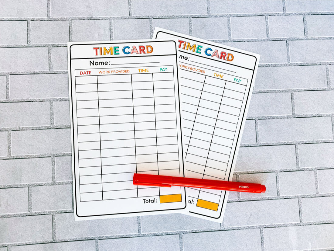 Idea for chores - Printable Time Cards to help kids learn how to work.