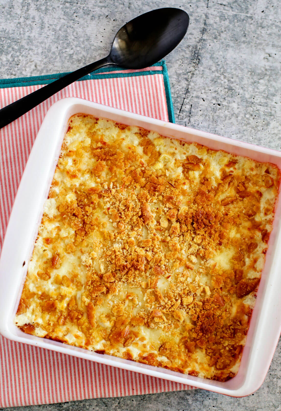 Full pan of creamed corn casserole