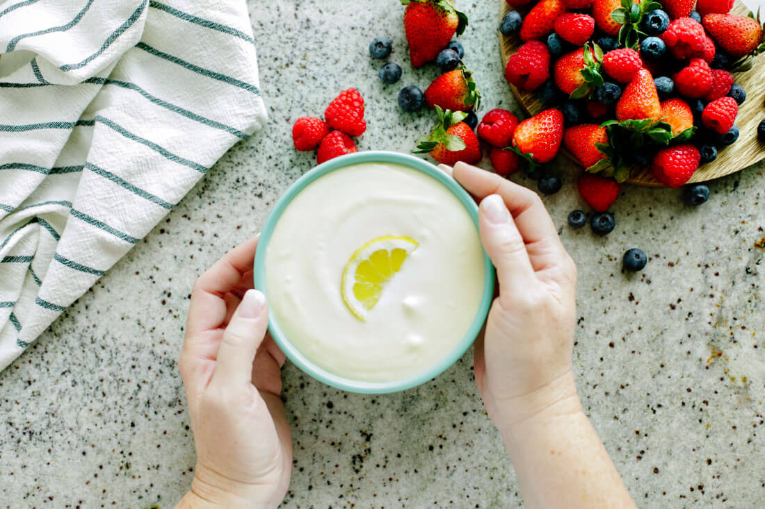 Serve this lemon fruit dip recipe with berries and sliced apples for a delicious treat!