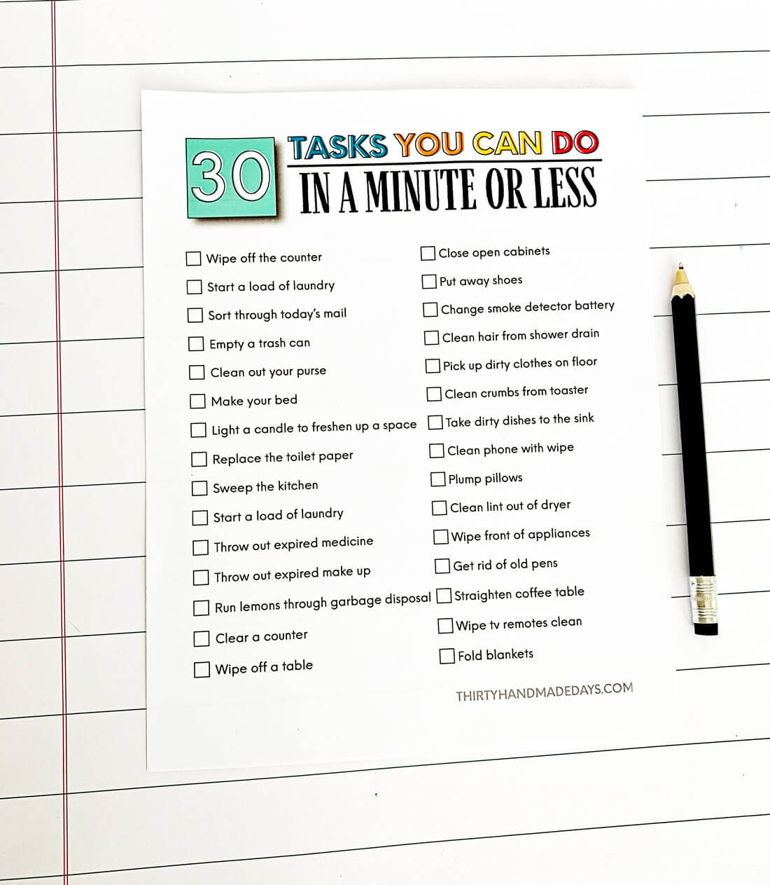 Printable task list to tackle in one minute or less