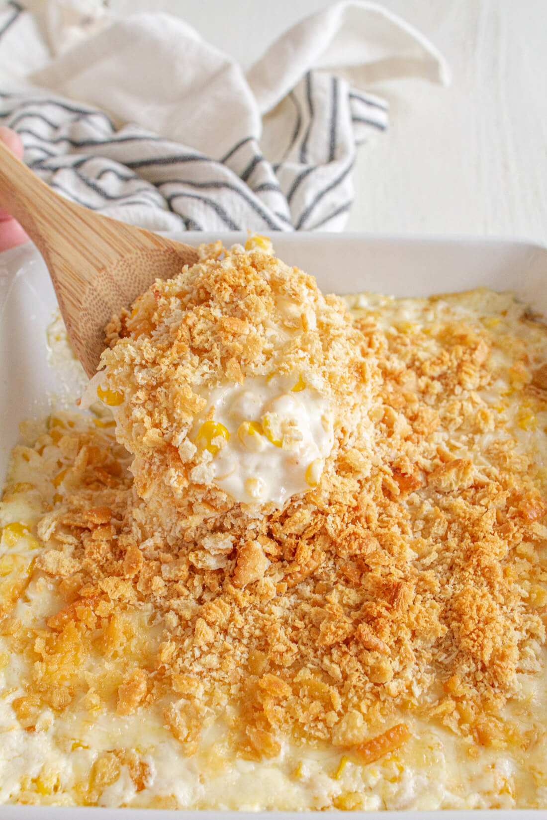 Up close creamed corn casserole