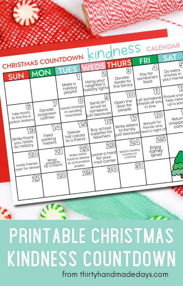 Kindness Christmas Countdown Calendar Printable from 30daysblog