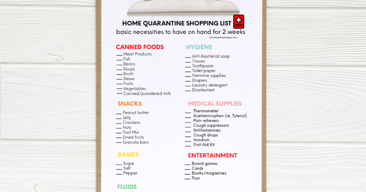 Home Quarantine Shopping List Printable from 30daysblog